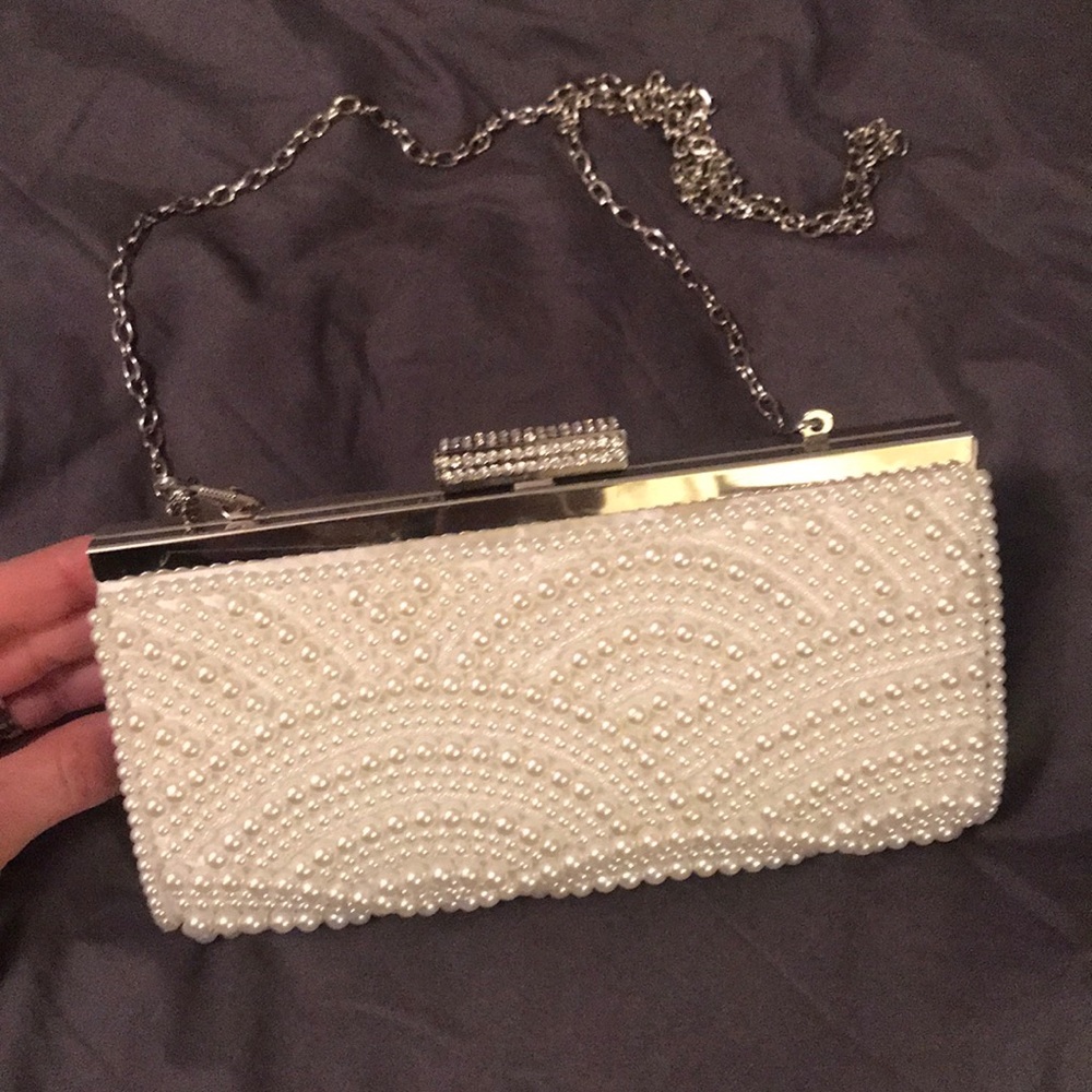 White ivory pearl rhinestone wedding clutch bag
